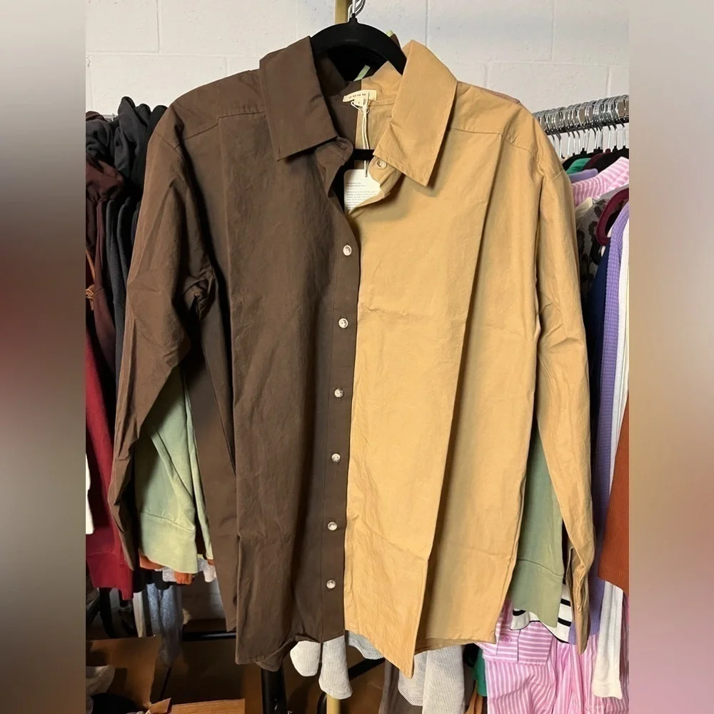 DONNI. Two-Tone Button Down Shirt in Brown and Tan - Picture 2 of 6